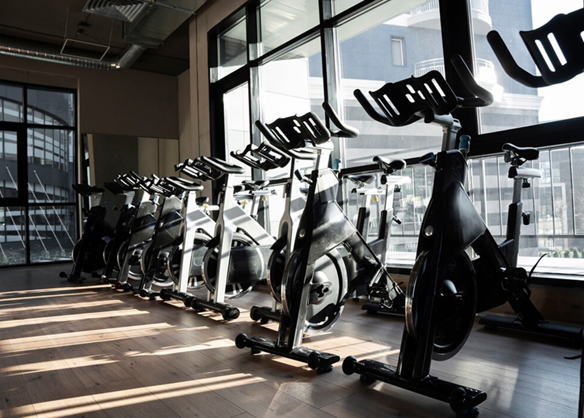 Велотренажеры вдоль стены с окнами